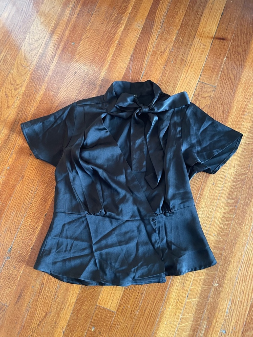 Black Satin Tie-Neck Women's Top